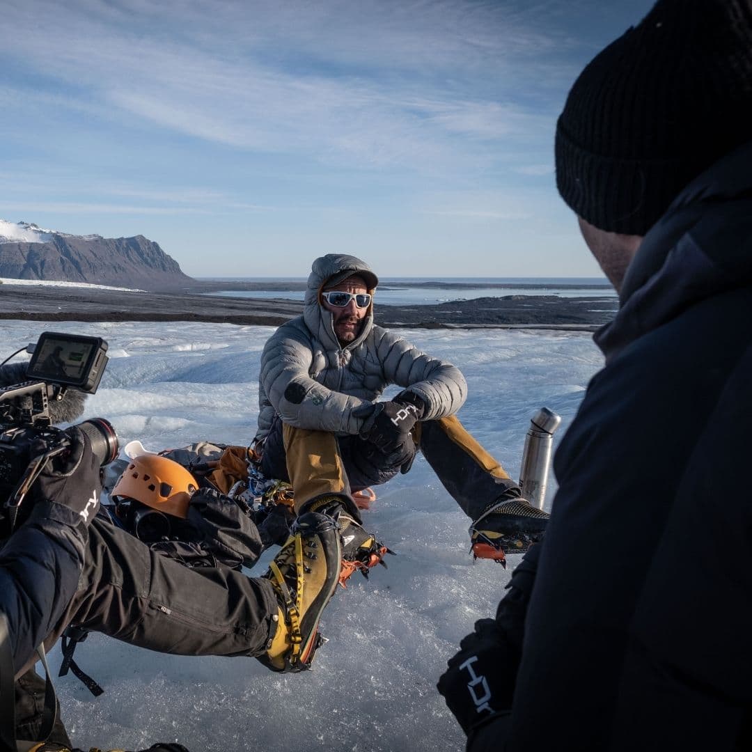 Behind the scenes of interview on iceland glacier with ice climber Jeff Mercier